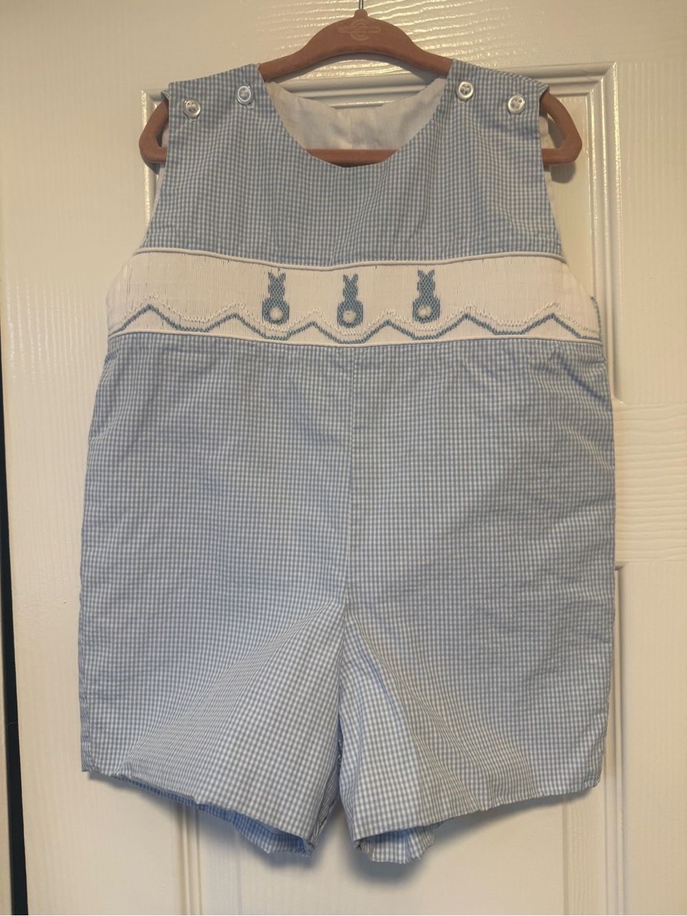 Classic Whimsy Blue Gingham Boys' Shortall with Bunny Smocked Panel